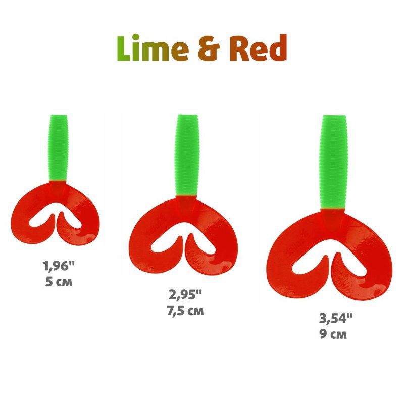 Твистер несъедоб. Credo Double Tail 3,54"/9 см Lime & Red 100шт. (HS-28-021-N) Helios