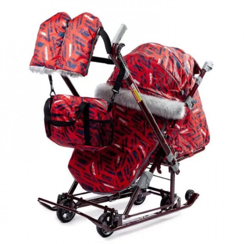 Санки коляска комбинированная Ника детям «НД 7-8SK/3», принт спортивный красный