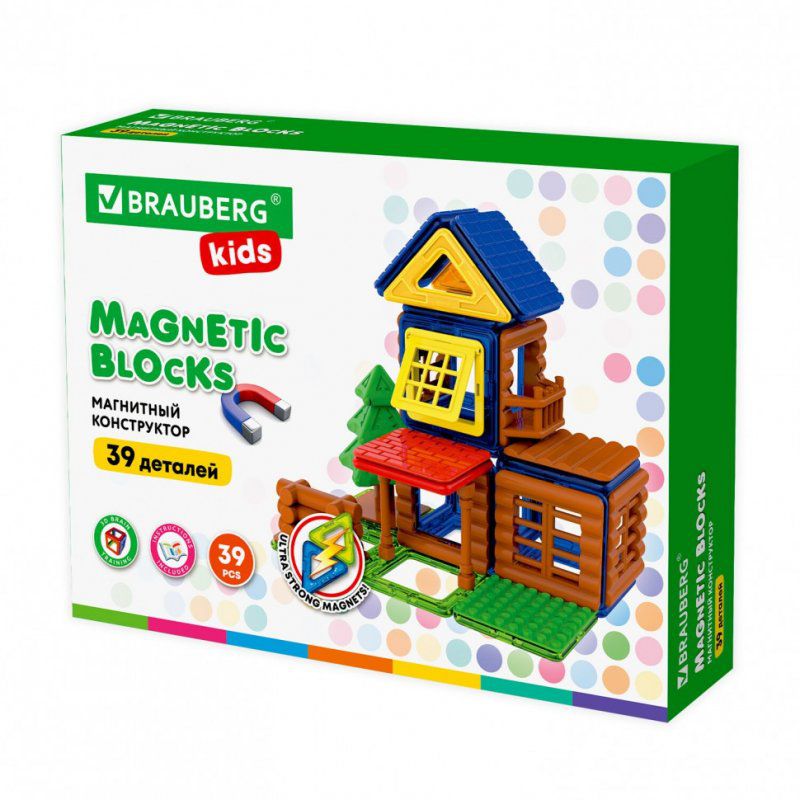 Магнитный конструктор MAGNETIC BUILD BLOCKS-39 Построй дом 39 дет BRAUBERG KIDS 663849 (1)