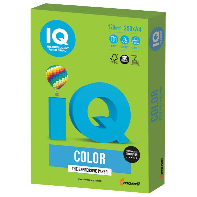 Бумага цветная для принтера IQ Color А4, 120 г/м2, 250 листов, ярко-зеленая, MA42