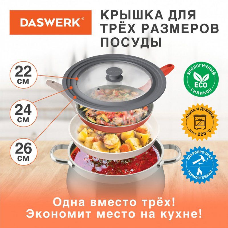 Крышка для сковороды и кастрюли универсальная Daswerk (22/24/26 см) серая 607588
