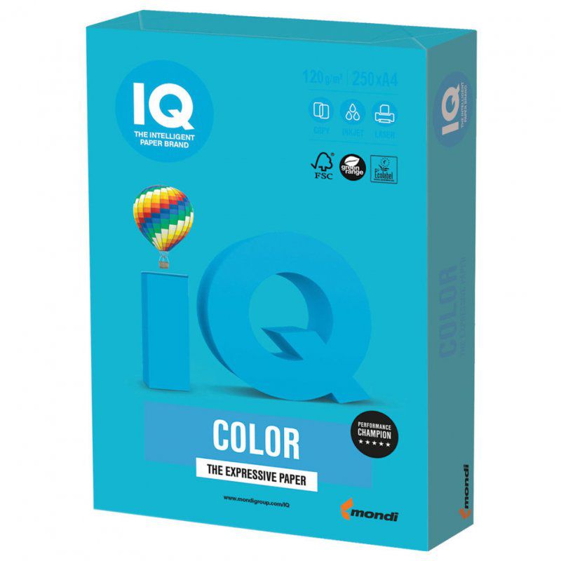 Бумага цветная для принтера IQ Color А4, 120 г/м2, 250 листов, светло-синяя, AB48
