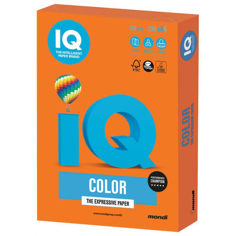 Бумага цветная для принтера IQ Color А4, 120 г/м2, 250 листов, оранжевая, OR43