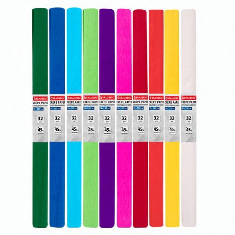 Набор креповой бумаги Brauberg 32 г/м2 10 рулонов 50х250 см, яркие цвета 112556