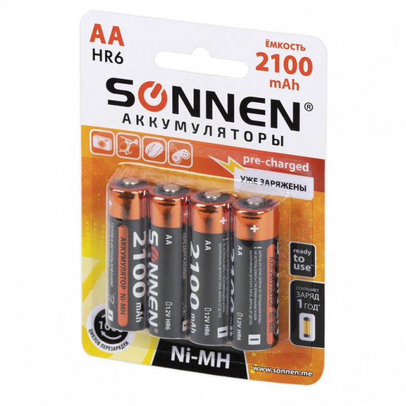 Батарейки аккумуляторные Ni-Mh пальчиковые к-т 4 шт АА HR6 2100 mAh SONNEN 455606 (1)