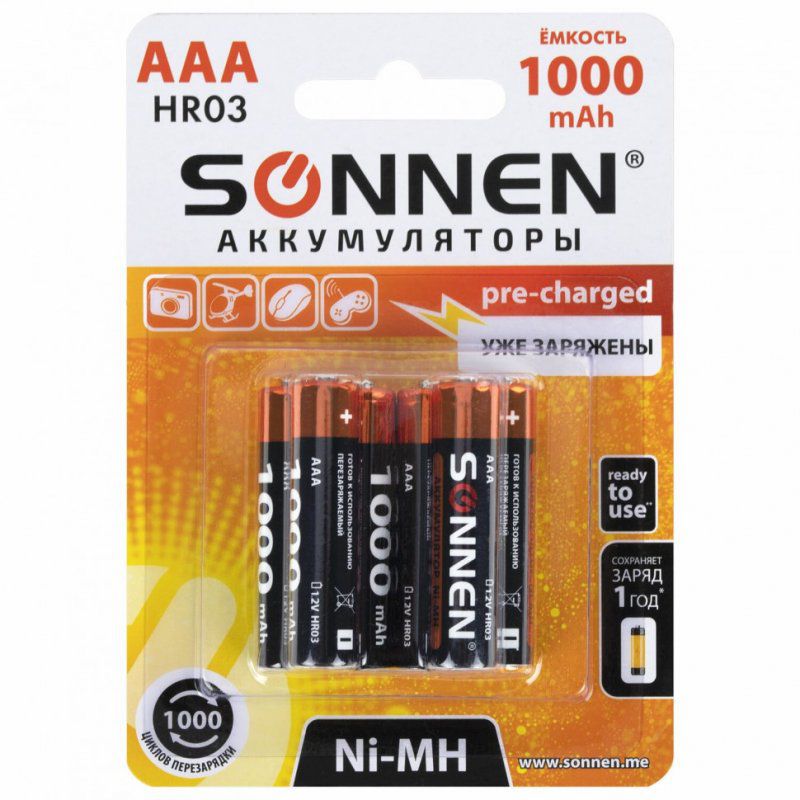 Батарейки аккумуляторные Ni-Mh мизинчиковые к-т 6 шт AAA HR03 1000 mAh SONNEN 455611 (1)