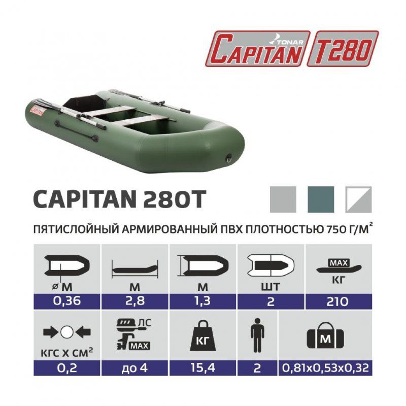 Лодка ПВХ под мотор Тонар Капитан 280Т (зеленая)
