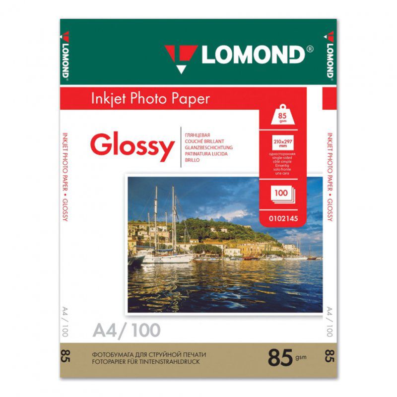 Фотобумага для струйной печати Lomond А4, 85 г/м2, 100 листов, односторонняя глянцевая 0102145