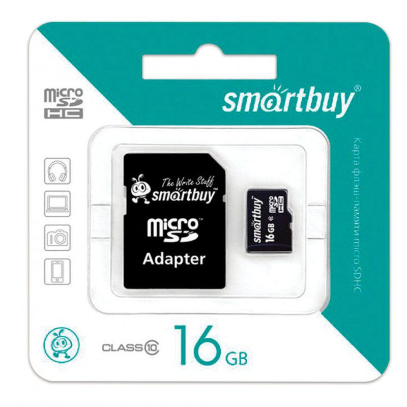 Карта памяти micro SDHC 16 GB Smartbuy 10 Мб/сек (class 10) с адаптером