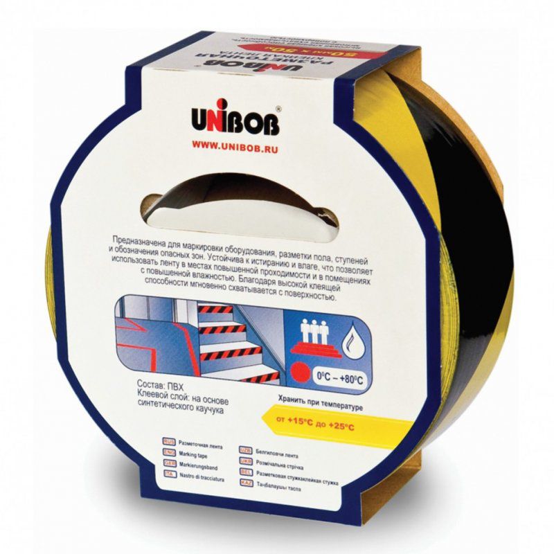 Клейкая лента разметочная 50 мм х 50 м желто-черная UNIBOB основа-ПВХ 48905 604162 (1)