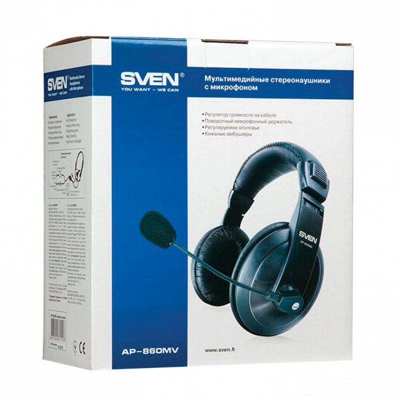 Наушники с микрофоном гарнитура SVEN AP-860MV проводные 2 м черные SV-0410860 512586 (1)
