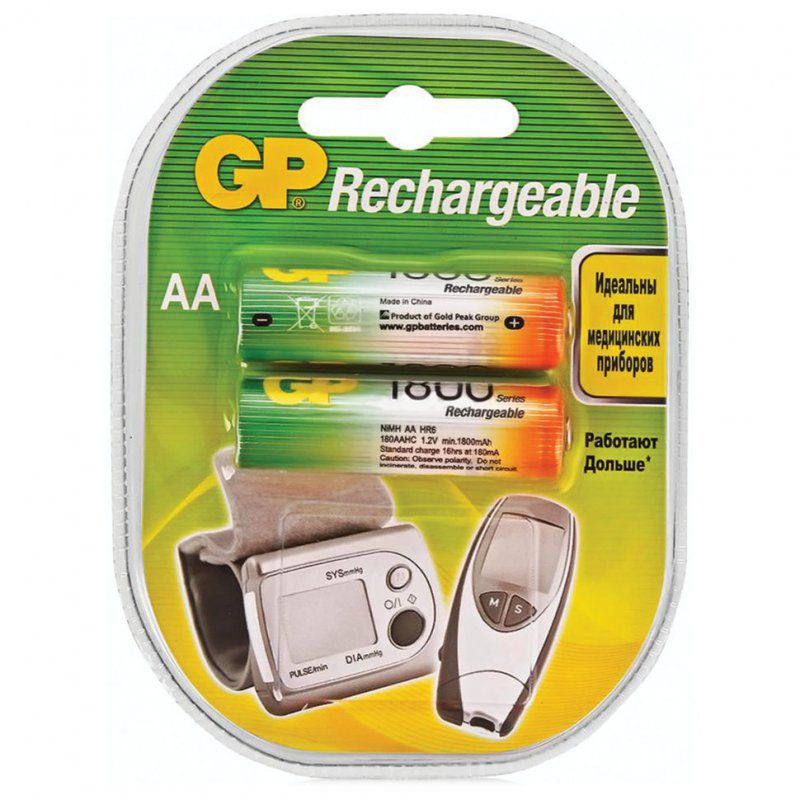 Батарейки аккумуляторные GP (АА) Ni-Mh 1800 mAh 2 шт 180AAHC-2DECRC2 (454107)