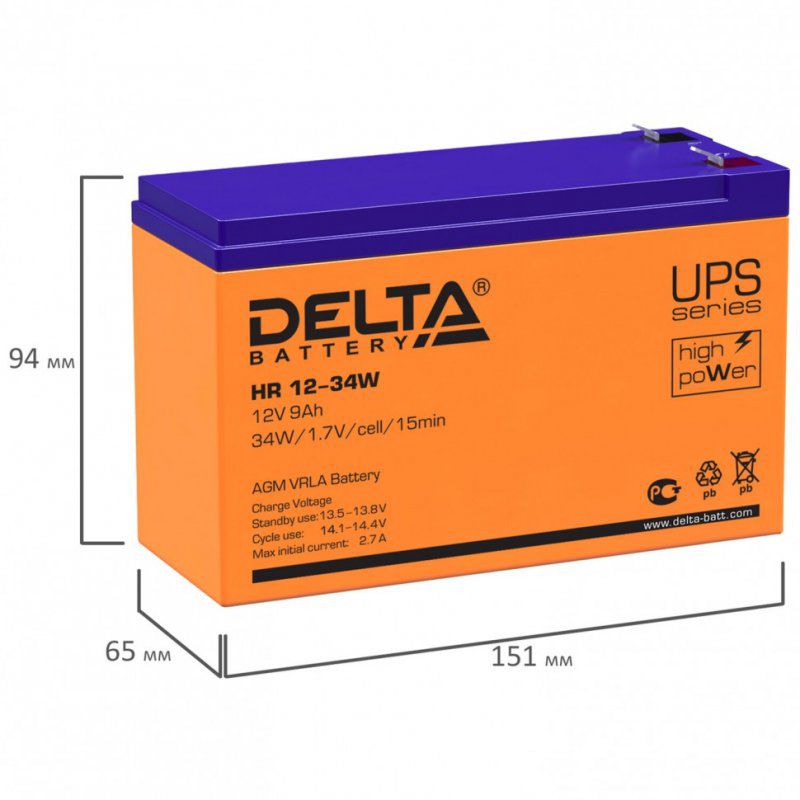 Аккумуляторная батарея для ИБП 12 В 9 Ач 151х65х94 мм DELTA HR 12-34 W 354894 (1)