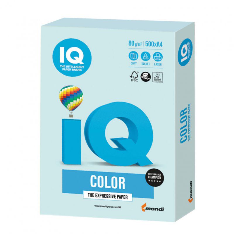 Бумага цветная для принтера IQ Color А4, 80 г/м2, 500 листов, светло-голубая, BL29
